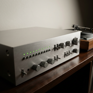 Integrated stereo amplifiers for beginners in a hi-fi setup with turntable and speakers