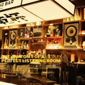 Vintage JBL studio monitors and vinyl records in an authentic Tokyo styled audiophile Jazz Kissa listening bar