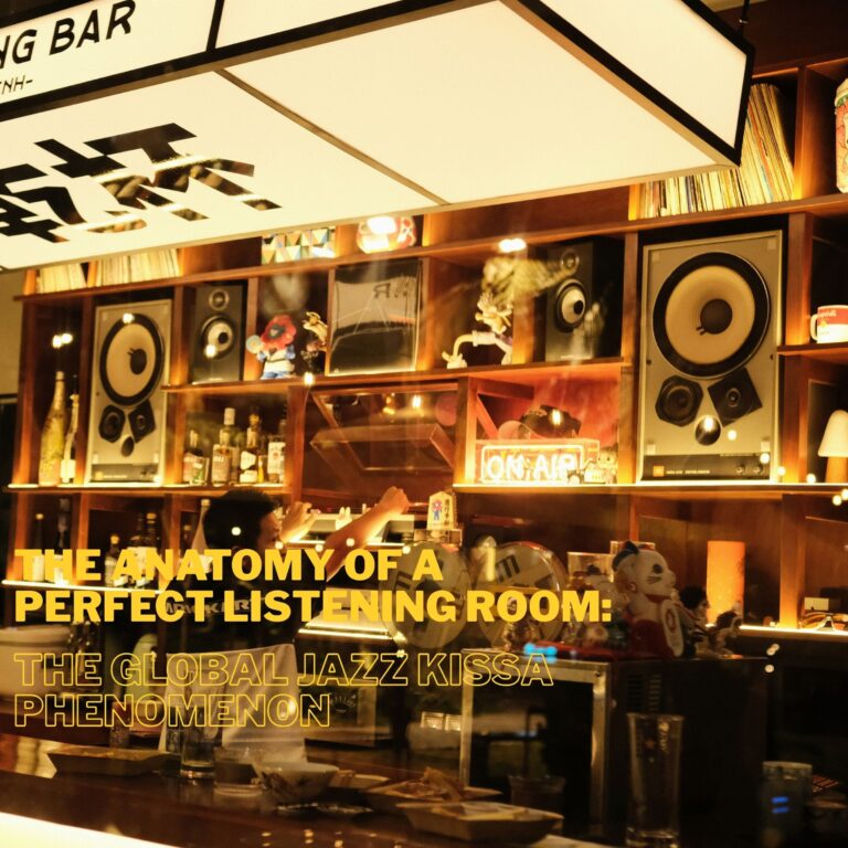 Vintage JBL studio monitors and vinyl records in an authentic Tokyo styled audiophile Jazz Kissa listening bar