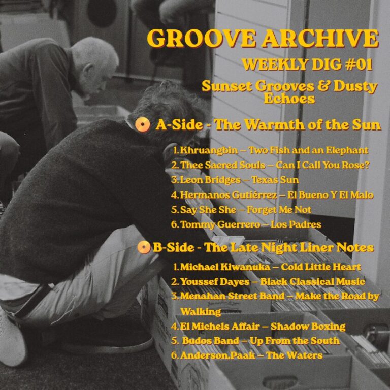 Minimalist album cover design for Groove Archive Weekly Dig 01 featuring typography on a warm, analog-textured photograph.
