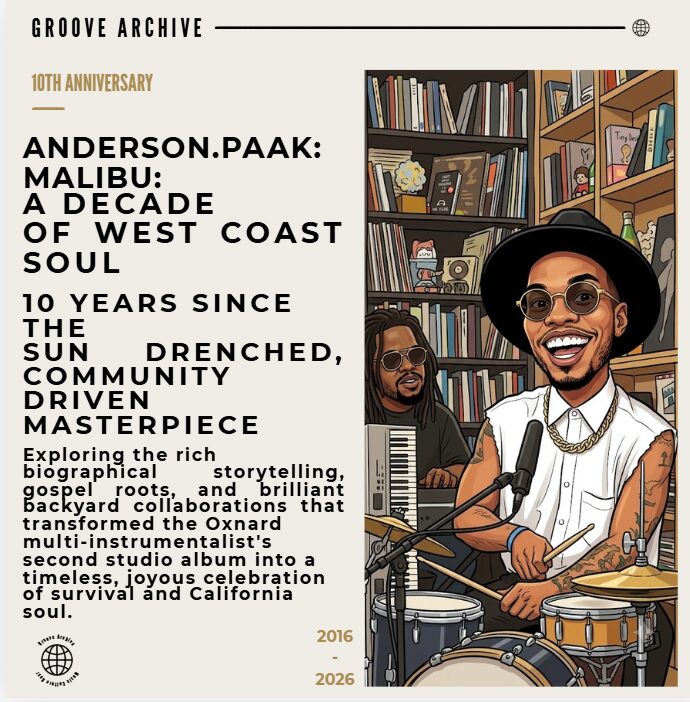 A caricatured Anderson Paak performing live behind a drum kit