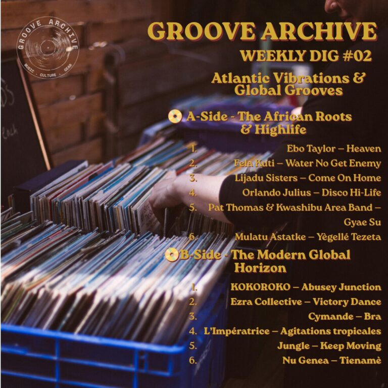 Minimalist album cover design for Groove Archive Weekly Dig 02 with modern typography laid over an analog-textured global music photograph.
