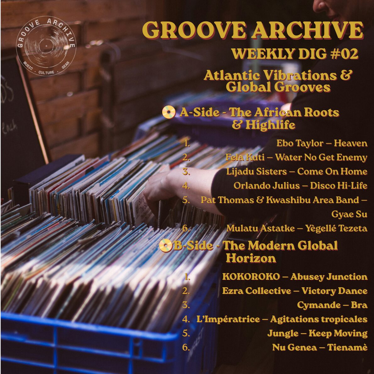 Minimalist album cover design for Groove Archive Weekly Dig 02 with modern typography laid over an analog-textured global music photograph.